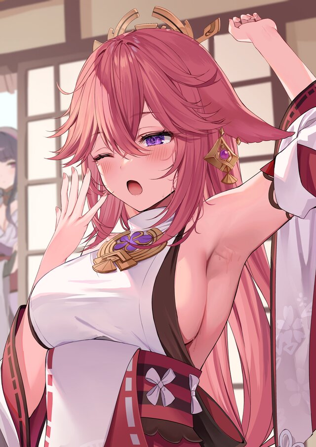 【画像】巫女さん、無防備なおっぱいと腋を晒してしまうｗｗｗｗｗ